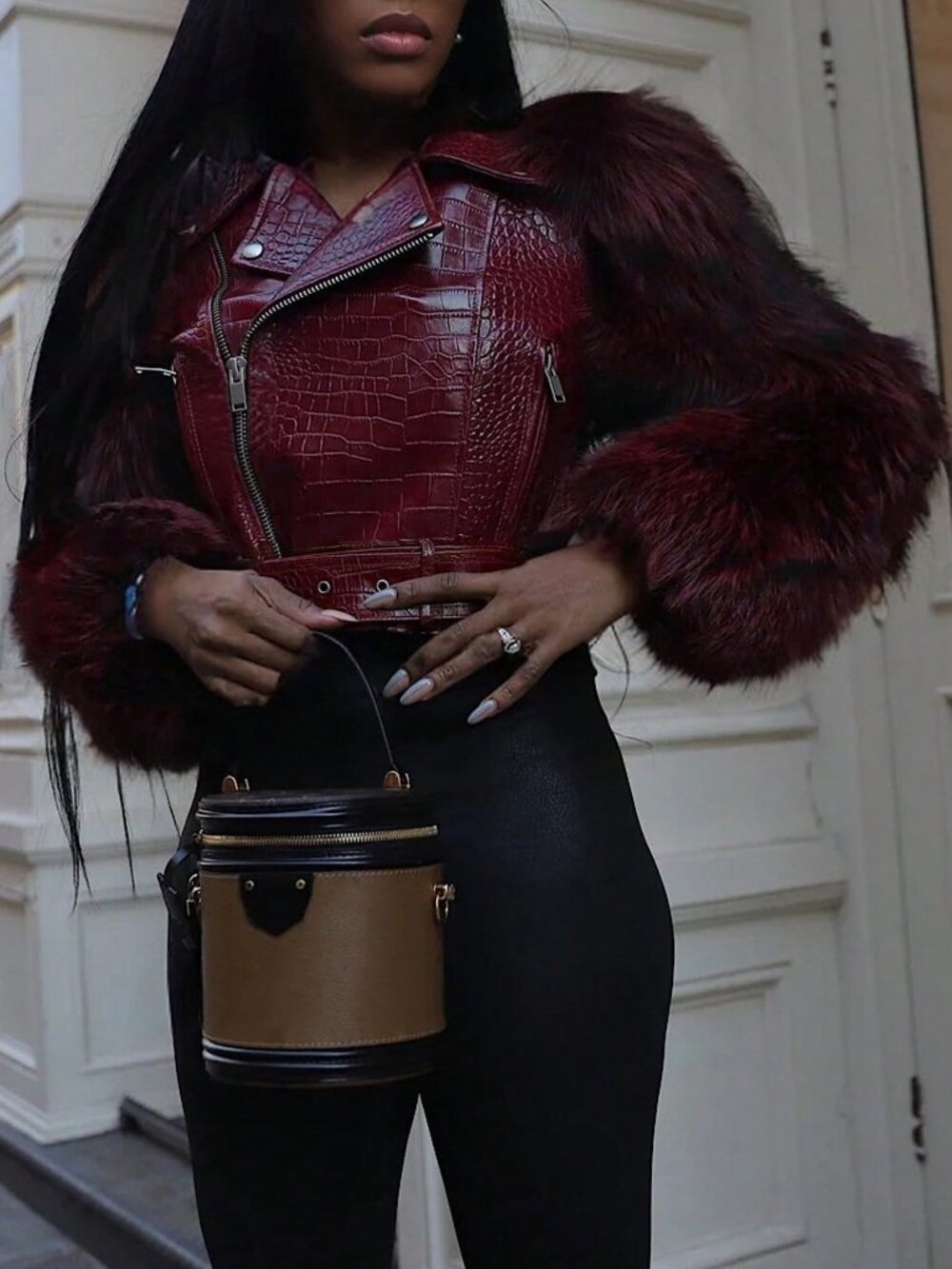 Burgundy Casual Women's Faux Fur Crocodile Jacket with Collar
